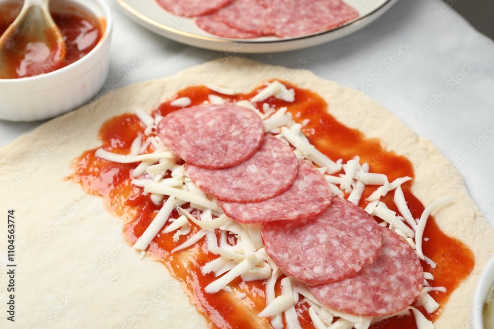 Making calzone pizza. Dough with sauce and stuffing on table, closeup Making calzone pizza. Dough with sauce and stuffing on table, closeup