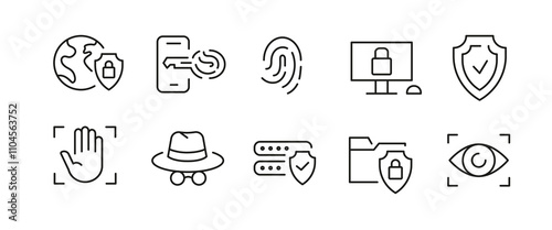 Security icons. Set of 10 security trendy minimal icons. Computer, Eye scan, Security camera, Fingerprint, Shield icon. Design signs for web page, mobile app, packaging design. Vector illustration