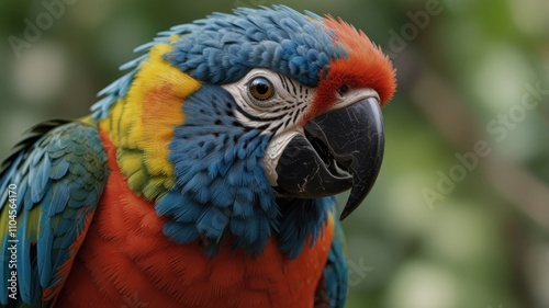 Close-up portrait of a vibrant blue, orange, and green macaw.