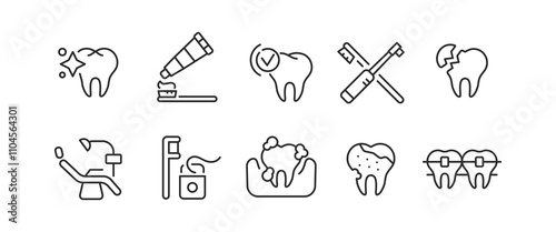 Stomatology icons set. 10 stomatology trendy minimal icons. Tooth, dental drill, tooth brush, tooth paste, dental chair, oral hygiene, implant, crown, floss icons. Vector illustration.