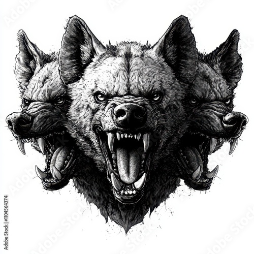 A striking illustration of three fierce hyena heads, showcasing intricate detailing and intense expressions, Perfect for designs related to wildlife, horror themes, or edgy merchandise, photo