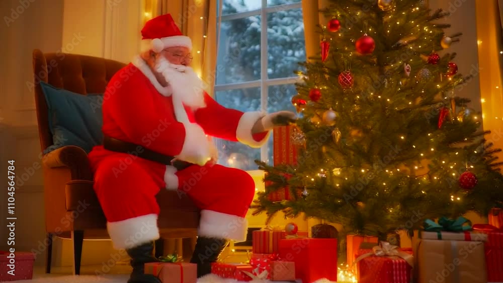 Santa pone regalos en el árbol de navidad.