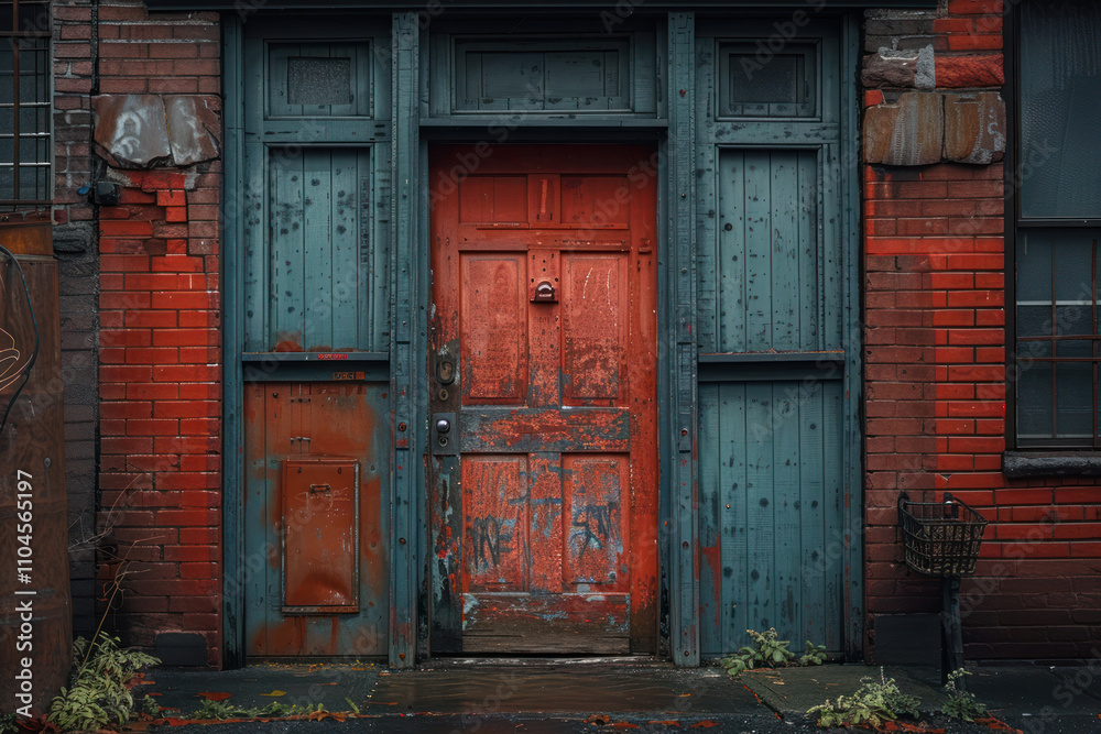 Old wooden door with red brick wall in the background. Toned.,. Old wooden door with red brick wall in the background. Toned.,.