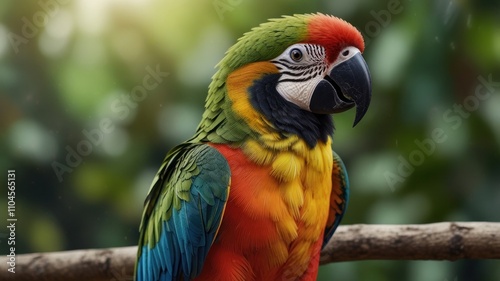 Vibrant macaw perched on branch, jungle background.