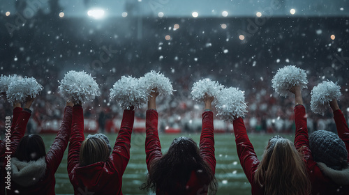 Cheerleaders in red and white uniforms performing during a snowy game night at a stadium photo