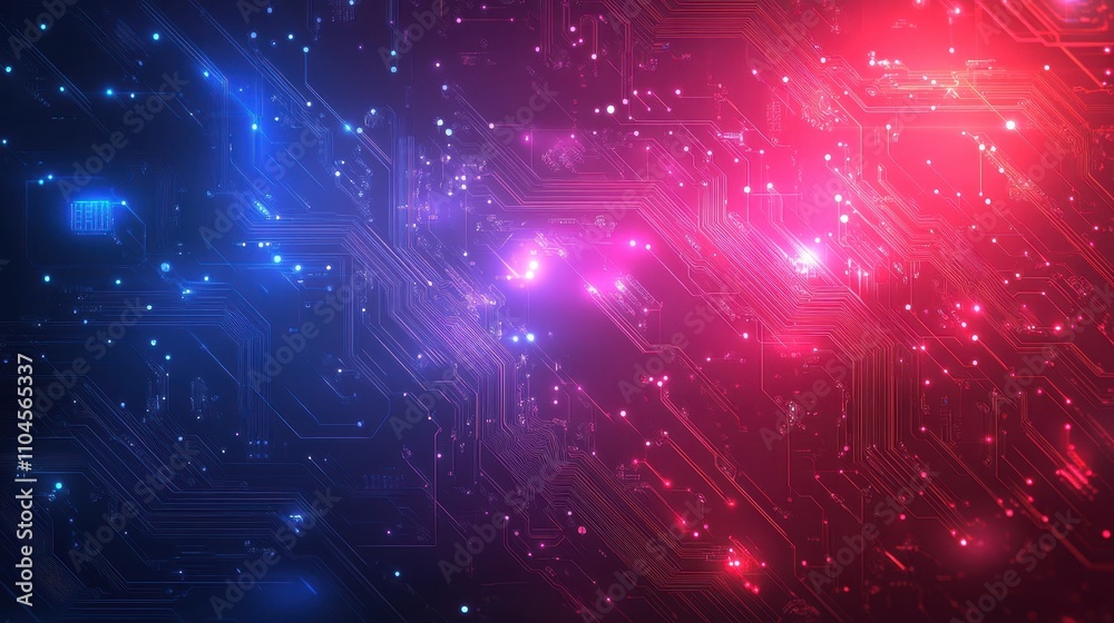 Obraz premium Abstract digital background featuring illuminated circuit board patterns in blue and red tones, ideal for technology-related designs, presentations, or as a backdrop for tech products,