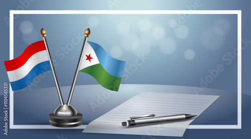 Netherlands and Djibouti Small national flag on bokeh background, cooperative relationship