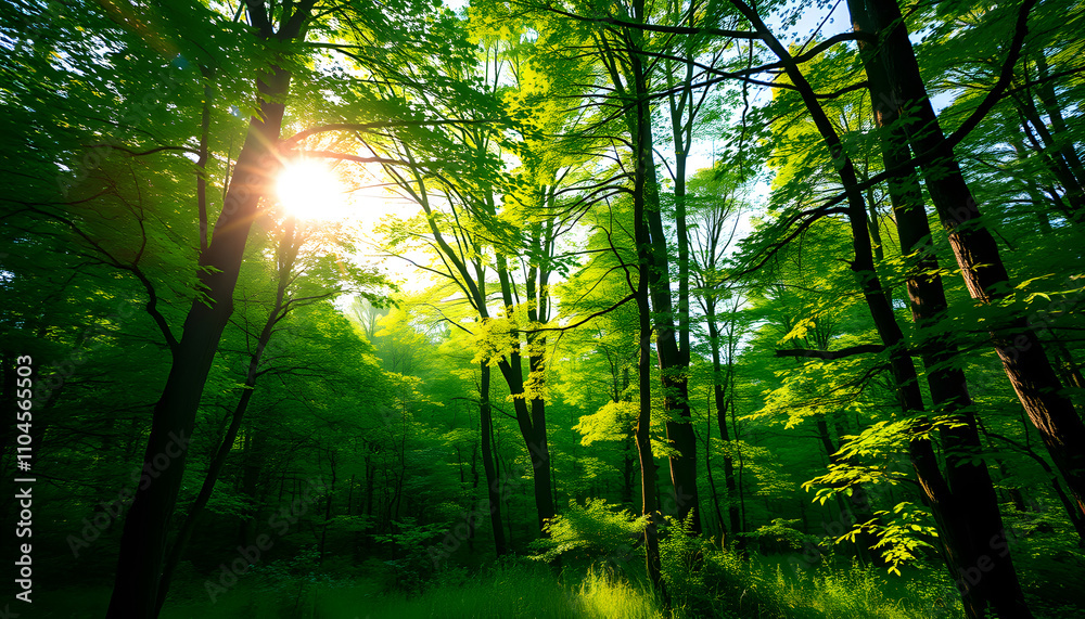 Fototapeta premium Vivid scenery of beautiful sunlight in a lush green forest, with vibrant colors and pleasant contrast isolated with white highlights, png