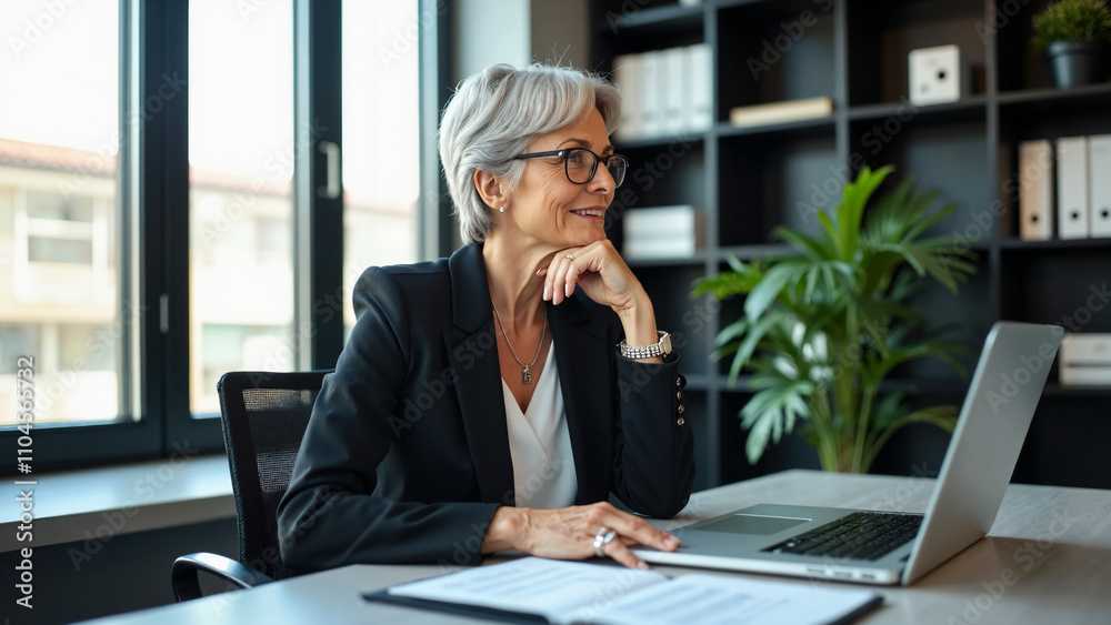 Mature businesswoman contemplating strategy at modern office desk: Leadership and vision in corporate setting Mature businesswoman contemplating strategy at modern office desk: Leadership and vision in corporate setting