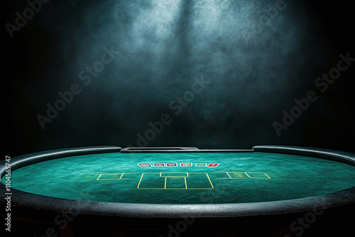 Empty poker table with dramatic overhead spot lighting, green felt surface.