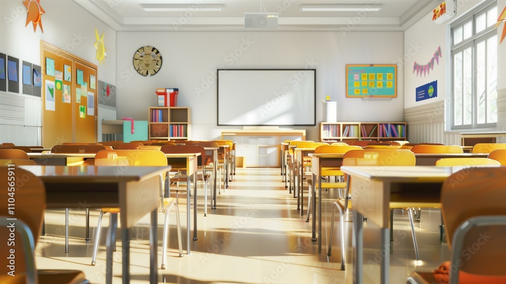 Ultra-realistic photo of an empty classroom with desks and a bright, organized environment
Ultra-realistic photo of an empty classroom with desks and a bright, organized environment