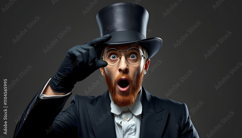 surprised magician in gloves looking into hat, isolated on grey isolated with white highlights, png surprised magician in gloves looking into hat, isolated on grey isolated with white highlights, png