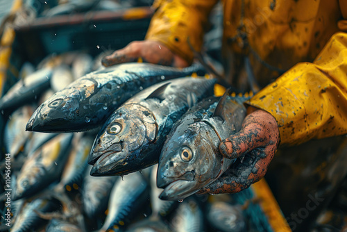 fisherman with a fresh catch of tuna,.    photo