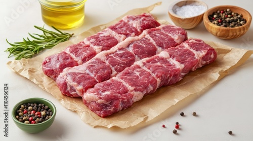 Beef. Raw beef tenderloin meat, beef steaks with ingredients for cooking