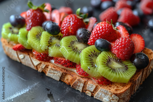 piece of bread topped with various fruits 