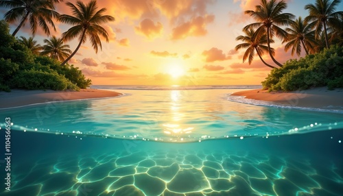 Tropical island paradise at sunset. Beautiful beach with calm turquoise water and palm trees. Sun sets over the horizon. Nobody is there. Relaxing view of exotic paradise. Ideal for summer vacation.