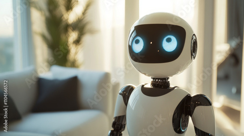 Close-up of a cute, white robot with blue eyes in a modern home setting.