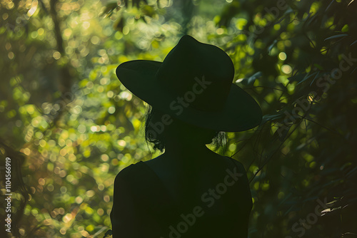 Mysterious Woman in Wide-Brimmed Hat Standing in Shadowy Forest Emanating Secrecy and Intrigue photo