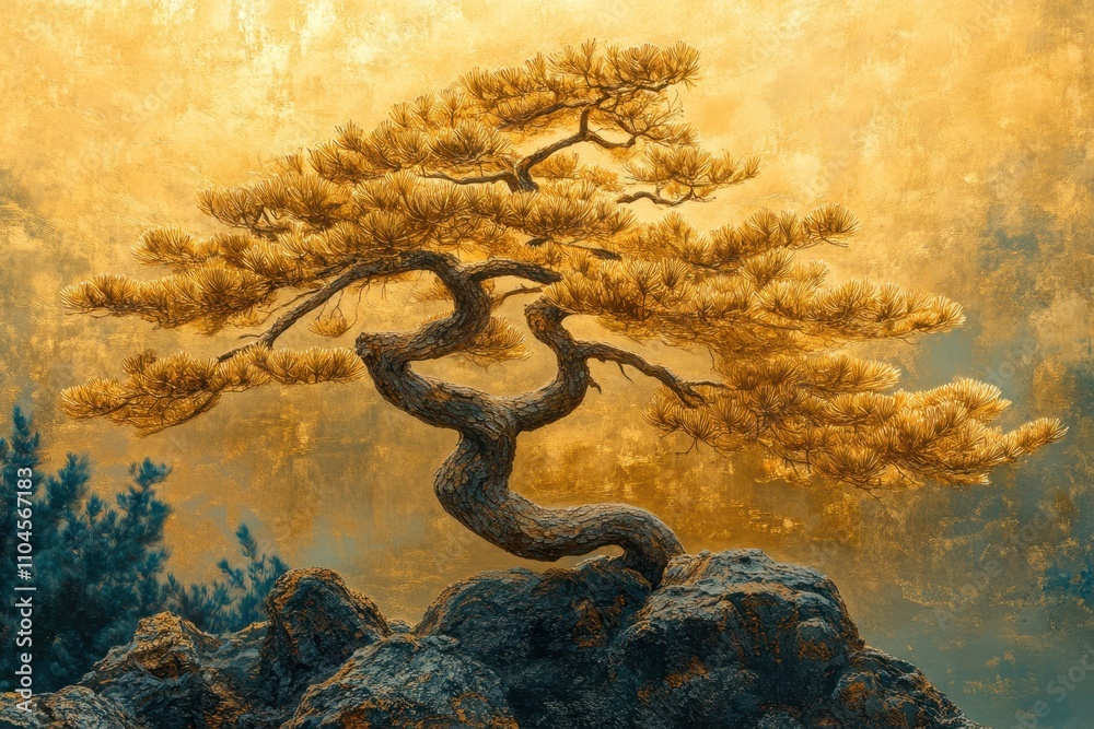A beautifully twisted pine tree stands against a warm golden backdrop, with rocky textures, Ideal for nature themes, tranquility, or inspirational designs in wellness, art, or home decor, A beautifully twisted pine tree stands against a warm golden backdrop, with rocky textures, Ideal for nature themes, tranquility, or inspirational designs in wellness, art, or home decor,