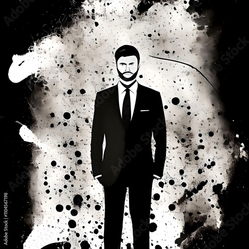 A man in a suit stands in front of a splatter of paint