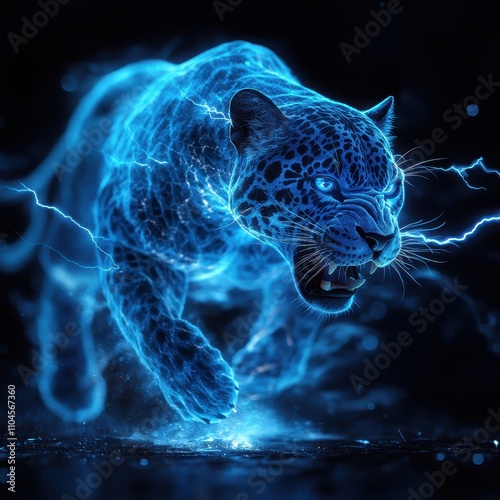 A striking image of an energetic blue leopard with glowing features and lightning effects, perfect for use in digital art, wildlife conservation campaigns, or technology-themed designs, photo