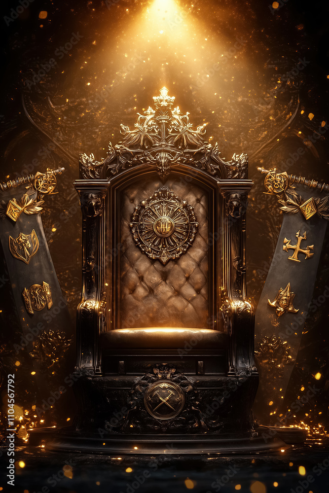 A grand throne with intricate designs shines in warm golden light, amplifying its regal aura A grand throne with intricate designs shines in warm golden light, amplifying its regal aura