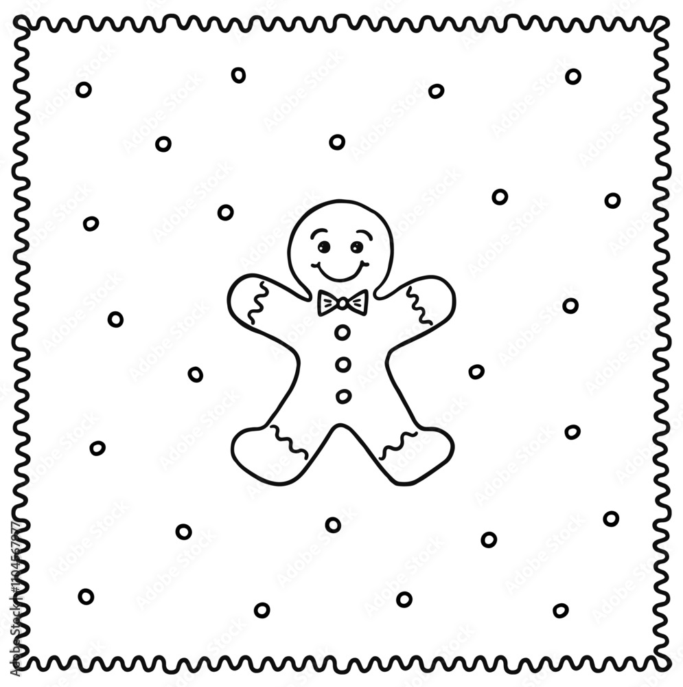 sweet cookie gingerbread man with smily face icing and buttons black and white linear vector food centerpiece illustration isolated on white dotted background