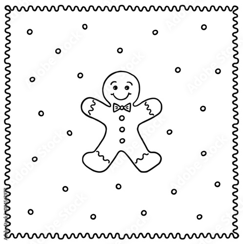 Obraz na płótnie sweet cookie gingerbread man with smily face icing and buttons black and white linear vector food centerpiece illustration isolated on white dotted background w salonie