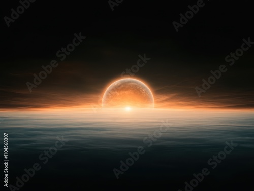 A stunning cosmic landscape shows a glowing planet rising above a serene ocean, with dramatic hues of orange and black, Ideal for projects related to space, science fiction, or nature, photo