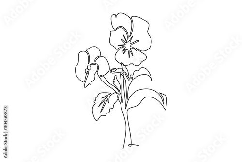 Continuous one line drawing beauty fresh viola hybrid plant for garden logo. Printable decorative pansy flower for home art wall decor poster print. Single line draw design vector graphic illustration