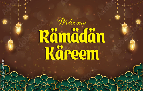 welcome ramadan kareem 2025 template banner with beautiful islamic ornament with brown background design 014