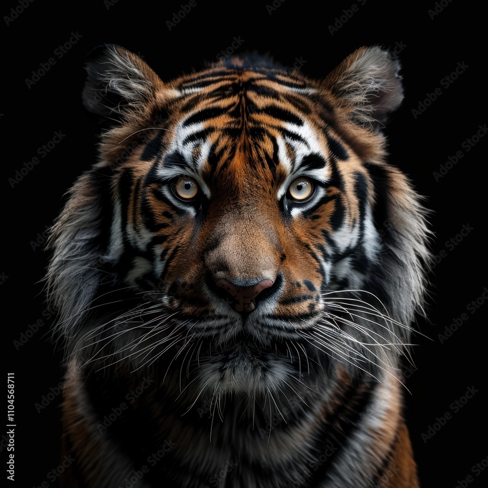 A close-up of a majestic tiger's face with striking features and intense gaze against a dark background, Ideal for wildlife conservation campaigns, educational materials, or as captivating wall art, A close-up of a majestic tiger's face with striking features and intense gaze against a dark background, Ideal for wildlife conservation campaigns, educational materials, or as captivating wall art,