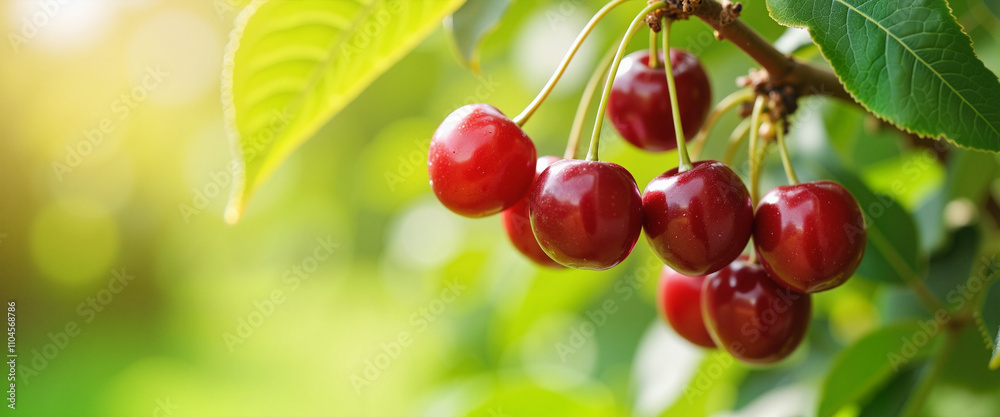 Ripe red cherries hanging on tree branch in sunlight Ripe red cherries hanging on tree branch in sunlight