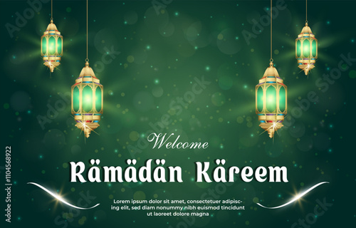 welcome ramadan kareem 2025 template banner with beautiful islamic ornament with green background design 012