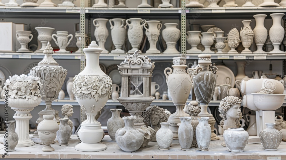 A Collection of Impressive White Ceramics and Sculptures Displayed in a Well-Organized Shelf, Featuring Various Shapes, Textures, and Decorative Details for Home Decor Inspiration A Collection of Impressive White Ceramics and Sculptures Displayed in a Well-Organized Shelf, Featuring Various Shapes, Textures, and Decorative Details for Home Decor Inspiration