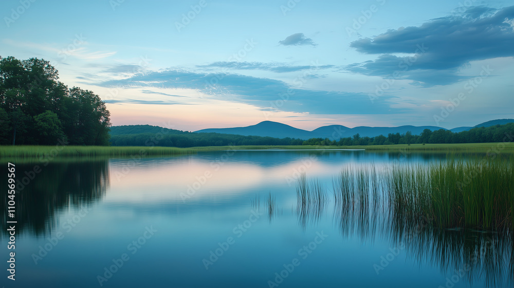Fototapeta premium Tranquil waters of a lake reflect the soft colors of twilight, surrounded by rolling mountains and verdant grass. The scene captures the peaceful essence of nature in a rural setting