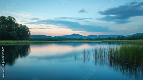 Tranquil waters of a lake reflect the soft colors of twilight, surrounded by rolling mountains and verdant grass. The scene captures the peaceful essence of nature in a rural setting