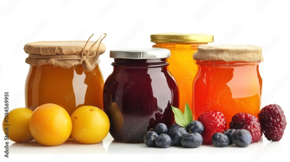 Colorful Variety of Homemade Jams in Glass Jars with Fresh Fruits on White Background, Perfect for Culinary and Food-Related Designs and Illustrations Colorful Variety of Homemade Jams in Glass Jars with Fresh Fruits on White Background, Perfect for Culinary and Food-Related Designs and Illustrations