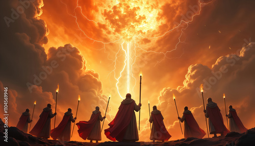 Vatican guardians in medieval robes face divine clash with demonic viruses. AI-powered staffs glow with mystic energy. Vibrant epic renaissance painting. Futuristic clash of faith, tech. Powerful photo