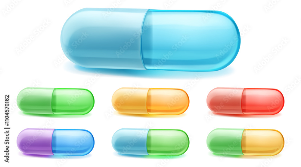 Set of vibrant, translucent capsules in various colors, including green, orange, red, purple, and blue, with soft shadows, on a white background Set of vibrant, translucent capsules in various colors, including green, orange, red, purple, and blue, with soft shadows, on a white background