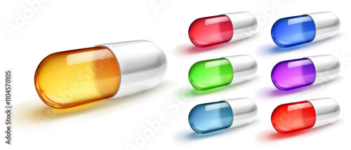 Set of vibrant, translucent capsules in various colors, including green, orange, red, purple, and blue, with soft shadows, on a white background
