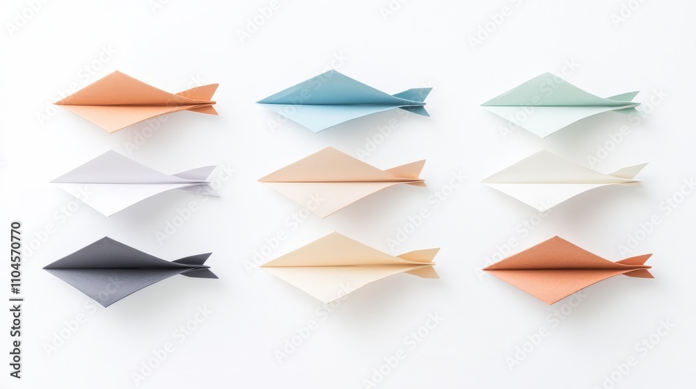 Nine Pastel Origami Paper Airplanes Arranged Neatly