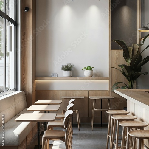 Seat and wooden counter with coffee equipment and wooden shelf on rough cement wall. design for cafe or home