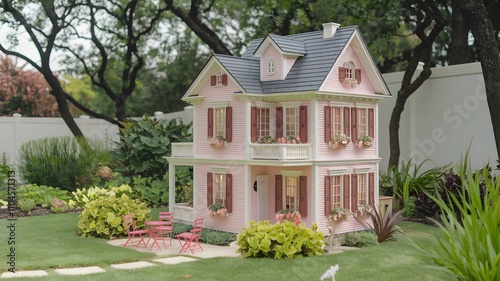 There is a charming pink and white doll house situated in a backyard