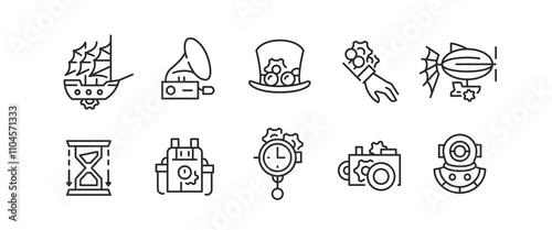 Steampunk Icons. Set of 10 Steampunk Trendy Minimal Icons. Mechanical arm, steampunk heart, camera, airship, hat icon. Design signs for web page, mobile app, packaging design. Vector illustration