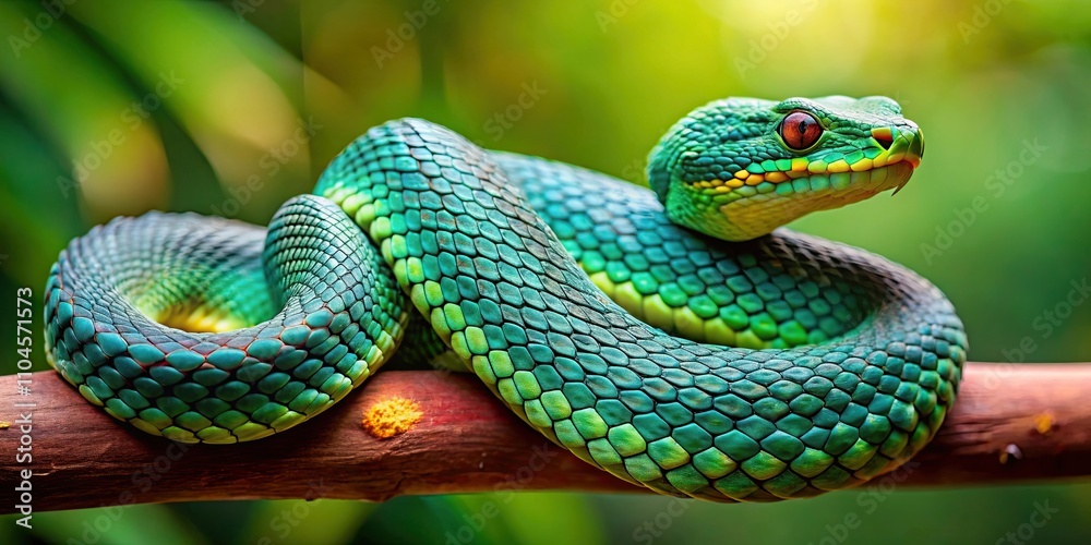 Close-up of a vibrant pit viper coiled on a branch in a striking nature shot, pit viper, snake, reptile, wildlife Close-up of a vibrant pit viper coiled on a branch in a striking nature shot, pit viper, snake, reptile, wildlife