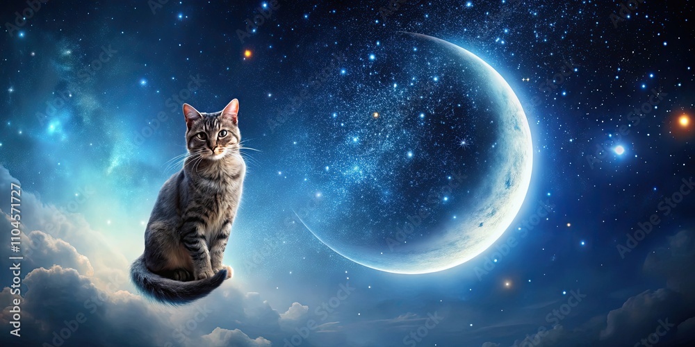 Cat sitting on crescent moon in starry sky, cat, sitting, crescent moon, starry sky, night, feline, celestial, moonlight Cat sitting on crescent moon in starry sky, cat, sitting, crescent moon, starry sky, night, feline, celestial, moonlight