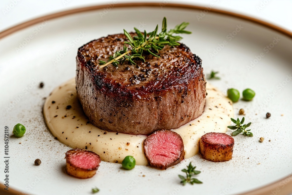 Gourmet filet mignon with black pepper and creamy bechamel served with fresh green vegetables at an upscale Italian restaurant Gourmet filet mignon with black pepper and creamy bechamel served with fresh green vegetables at an upscale Italian restaurant