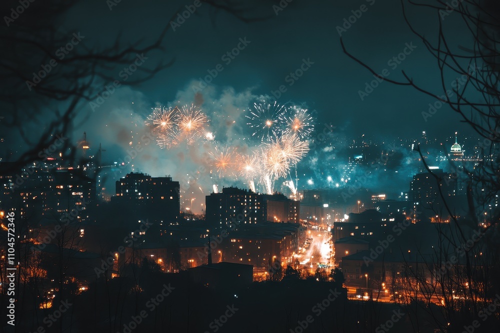 Sparkling fireworks exploding with golden sparks against a warm bokeh background, creating a festive and magical atmosphere Sparkling fireworks exploding with golden sparks against a warm bokeh background, creating a festive and magical atmosphere