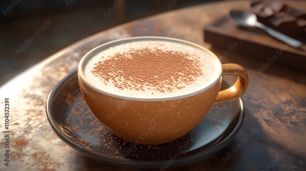 A warm cup of coffee with a sprinkle of cocoa on a rustic table.